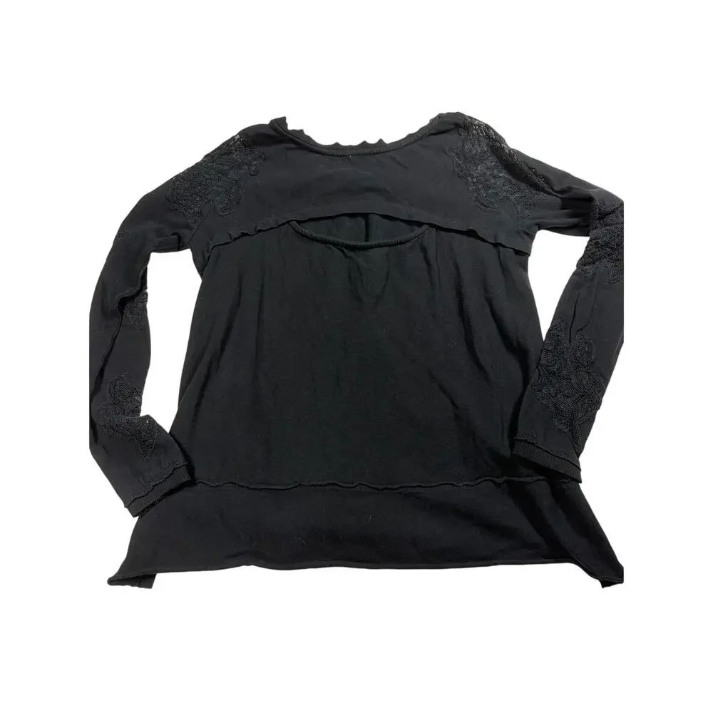 Free People Black Cotton Pullover Lace Sleeve Sweatshirt Womens Small Bohemian